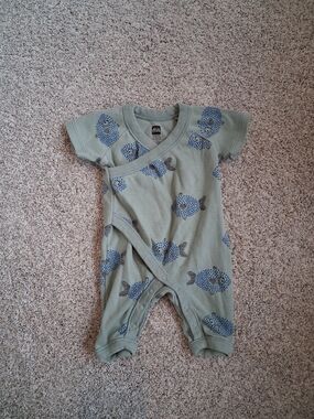 Tea Collection Olive Baby One-Piece with Blue Fish Print